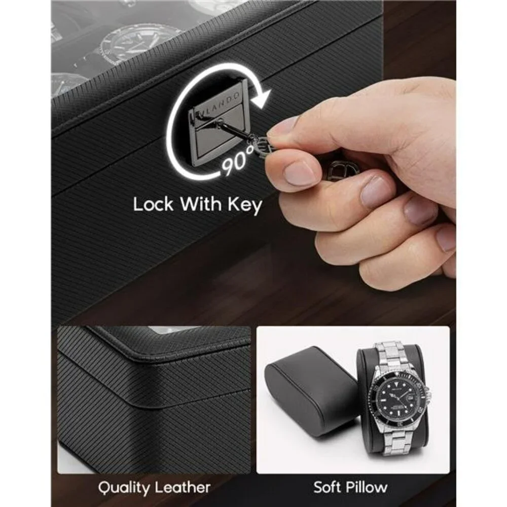 Vlando Mens Watch Box 6 Slot Leather Display Case Lockable Glass Lid Black